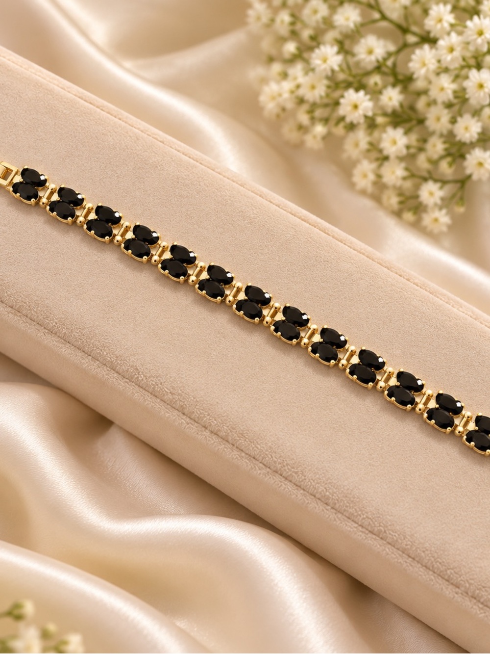 14K Gold Filled Black Oval Stone CZ Bracelet Adjustable 7-8” Women’s Jewelry